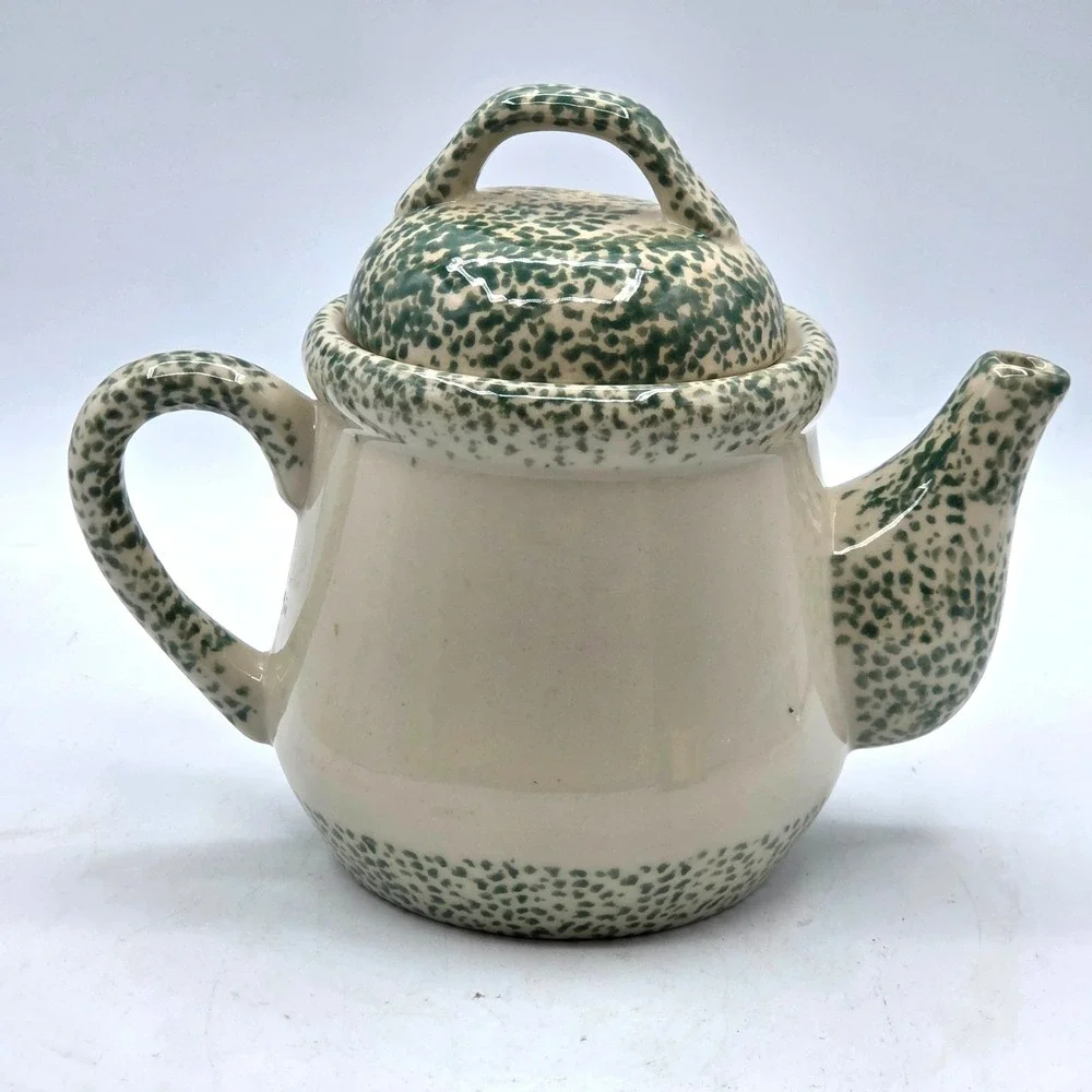 Vintage 1996 Tender Heart Treasures Ceramic Teapot Red Apples & Green Spongeware